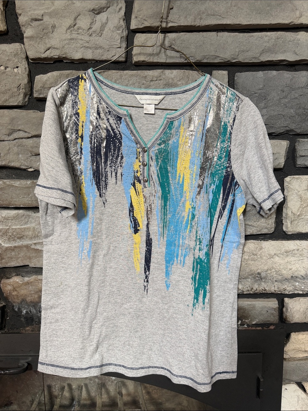 Christopher & Banks Gray Short Sleeve Tee with Blue, Teal & Yellow Brushstrokes